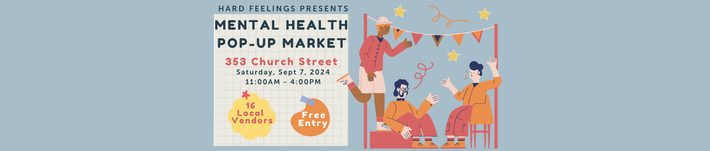 HF pop-up market banner showing the date, time, and a graphic depicting vendors and shoppers